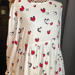 Velvet Heart Long Sleeve Dress  White and Red Heart Pattern